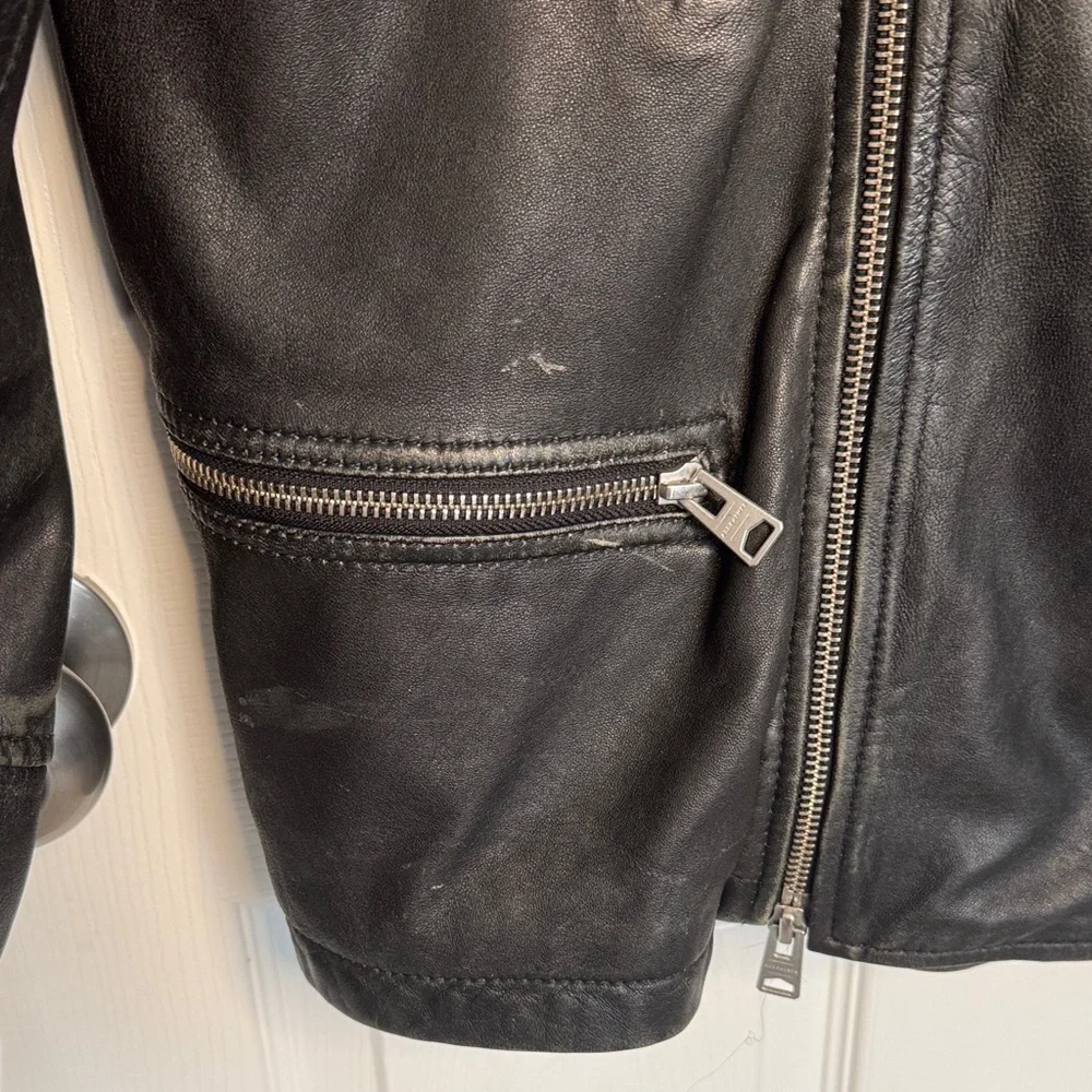 All Saints Mens Black Leather Biker Jacket with Quilted Shoulders